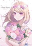  1girl ahoge akamatsu_kaede artist_name bangs banned_artist bare_shoulders beige_flower blonde_hair blush bouquet collarbone commentary_request danganronpa_(series) danganronpa_v3:_killing_harmony dated eyebrows_visible_through_hair flower hair_flower hair_ornament happy_birthday head_wreath highres holding long_hair looking_at_viewer musical_note_hair_ornament nabekokoa object_hug petals pink_eyes pink_flower pink_rose purple_eyes repost_notice rose shiny shiny_skin simple_background smile solo upper_body white_background white_flower 