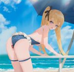  areolae bangs bar_censor beach beach_umbrella bent_over black_ribbon blonde_hair blue_eyes blue_swimsuit blush breasts censored cirilla day dead_or_alive frilled_swimsuit frills from_side hair_ribbon long_hair marie_rose marie_rose_(devilish_servant_against_the_splashing_waves) medium_breasts nipples ocean one-piece_swimsuit open_mouth outdoors pussy pussy_juice ribbon sand sidelocks skindentation sunlight sweat swimsuit swimwear thigh_strap twintails umbrella very_long_hair 