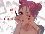  1girl :o apex_legends arm_tattoo bangs bare_shoulders blush brown_eyes character_name collarbone color_guide cosmetics dark_skin dark_skinned_female double_bun eyeshadow holding holding_lipstick_tube iyo_(nanaka-0521) lifeline_(apex_legends) lipstick_mark lipstick_tube makeup one_eye_closed open_mouth parted_bangs pink_hair red_eyeshadow solo tattoo 