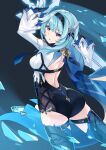  1girl absurdres arm_up ass back backless_outfit blue_hair breasts cape eula_(genshin_impact) from_behind genshin_impact gloves hair_ornament half-closed_eyes highres long_sleeves open_mouth ragnaveldt solo thigh_strap thighhighs 