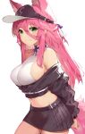  1girl akizone animal_ears bare_shoulders baseball_cap black_skirt breasts fang green_eyes hair_between_eyes hat highres jacket large_breasts long_hair looking_at_viewer navel off_shoulder open_clothes open_jacket original pink_hair sideboob skirt tail white_background 