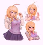  1girl :o ahoge akamatsu_kaede artist_name backpack bag bangs beamed_eighth_notes blonde_hair blush breasts closed_mouth collared_shirt cowboy_shot cropped_legs cropped_torso crossed_arms danganronpa_(series) danganronpa_v3:_killing_harmony eighth_note english_commentary eyebrows_visible_through_hair flying_sweatdrops hair_ornament hand_on_own_chest hands_up highres large_breasts long_hair long_sleeves looking_at_viewer looking_away medium_breasts missarilicious multiple_views musical_note musical_note_hair_ornament necktie open_mouth pink_eyes pink_neckwear pink_vest pleated_skirt purple_eyes purple_sweater quarter_note school_uniform shirt simple_background skirt smile sweater sweater_vest upper_body upper_teeth vest white_background white_shirt 