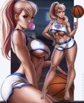  1girl abs barefoot basketball basketball_uniform blonde_hair blue_eyes breasts chewing_gum dandon_fuga dual_persona earrings jewelry large_breasts lola_bunny long_hair navel ponytail space_jam sportswear standing toned underboob 