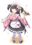  1girl black_hair blue_archive blush cup food full_body hair_ornament highres long_hair long_sleeves looking_at_viewer maid_headdress nemu7777 open_mouth petals purple_eyes ribbon shizuko_(blue_archive) simple_background solo teacup thighhighs tray wa_maid white_background 