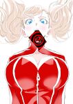 1girl absurdres blonde_hair blue_eyes blush bodysuit breasts card card_in_mouth center_opening cleavage commentary eyelashes floating_hair from_below highres kazu_884 large_breasts long_hair looking_at_viewer mouth_hold open_mouth persona persona_5 red_bodysuit simple_background solo takamaki_anne twintails upper_body white_background zipper 