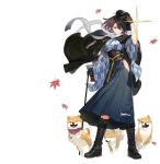  1girl animal autumn_leaves azur_lane baltimore_(ace&#039;s_travel_journal)_(azur_lane) baltimore_(azur_lane) black_flower black_gloves black_headwear blue_skirt boots braid brown_hair cross-laced_footwear dog feng_ze flower gloves hakama high-waist_skirt highres japanese_clothes knee_boots leaf long_skirt maple_leaf medium_hair meiji_schoolgirl_uniform official_alternate_costume official_art outdoors scarf shiba_inu skirt solo transparent_background welsh_corgi white_scarf yagasuri yellow_eyes 