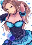  1girl arm_strap black_gloves blue_feathers blue_skirt breasts brown_eyes brown_hair buckle cleavage collar collarbone earrings feathers gloves hair_feathers hair_ornament hand_in_hair highres holding holding_microphone idol idolmaster idolmaster_cinderella_girls jewelry layered_skirt long_hair looking_at_viewer matsunaga_ryou medium_breasts meimei_color microphone petals shiny shiny_hair skirt smile solo standing underbust very_long_hair 