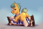  3:2 blue_background blush brown_eyes butt candy dessert equid equine feral food fur green_mane green_tail hasbro hi_res hitch_trailblazer_(mlp) hooves horse jedayskayvoker licking licking_lips looking_at_viewer looking_back male mammal mane mars_incorporated mlp_g5 my_little_pony pony quadruped rear_view simple_background snickers solo tongue tongue_out yellow_body yellow_fur 