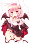  1girl animal_ears bangs bare_shoulders black_bow black_skirt black_wings blush bow breasts bunny_ears collarbone commentary_request demon_girl demon_tail demon_wings eyebrows_visible_through_hair frilled_shirt frills garter_straps hair_bow hair_ornament hair_over_shoulder heart heart_hair_ornament high-waist_skirt highres lifted_by_self long_hair looking_at_viewer low_twintails maid_headdress medium_breasts off-shoulder_shirt off_shoulder original panties parted_lips pink_hair pink_panties red_bow red_eyes shikito shirt simple_background skirt solo tail thighhighs twintails underwear white_background white_legwear white_shirt wings 