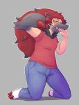  2021 amber_eyes anthro bottomwear claws clothing eyewear finger_claws fur glasses grey_background grey_body grey_fur hair human human_to_anthro kneeling male mammal mid_transformation nintendo open_mouth pants pok&eacute;mon pok&eacute;mon_(species) red_claws red_clothing red_hair red_shirt red_topwear shirt simple_background solo species_transformation subakitsu teeth toe_claws tongue tongue_out topwear transformation video_games yellow_eyes zoroark 