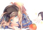  1girl absurdres ahoge artoria_pendragon_(all) bangs baseball_cap black_headwear black_shorts blonde_hair blue_eyes blue_jacket blue_scarf eyebrows_visible_through_hair fal_maro fate/grand_order fate_(series) food fruit hair_between_eyes happy hat highres jacket looking_at_viewer mysterious_heroine_x_(fate) orange_(food) ponytail scarf short_shorts shorts smile solo_focus wristband 