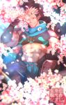  1boy abs bara bare_shoulders black_hair blonde_hair blue_scarf blush bulge flower highres horns jiraiya_(tokyo_houkago_summoners) kuro_(shiranui) large_pectorals looking_at_viewer male_focus midriff multicolored_hair muscular muscular_male oni pink_flower pointy_ears scarf short_hair sideburns sitting skin-covered_horns smile solo stomach tokyo_houkago_summoners two-tone_hair undercut vambraces 