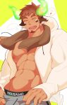  1boy abs animal_ears bara bare_pecs brown_eyes brown_hair bulge casual cow_boy cow_ears cow_horns cowboy_shot dark_skin dark_skinned_male facial_hair fiery_horns forked_eyebrows glowing_horns goatee green_male_underwear grey_pants highres hood hooded_jacket hoodie horns jacket kuro_(shiranui) large_pectorals looking_at_viewer male_focus muscular muscular_male musical_note nipples open_clothes open_hoodie open_jacket pants short_hair smile solo spiked_hair spoken_musical_note stomach thick_eyebrows tokyo_houkago_summoners towel towel_around_neck wakan_tanka white_hoodie white_jacket 