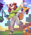  2021 4_toes 5_fingers anthro black_nose breasts brown_body brown_fur canid canine canis clothed clothing day detailed_background digital_media_(artwork) domestic_dog feet female fingers fur kyander mammal minecraft outside sky smile toes video_games 
