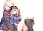  2girls absurdres ahoge artoria_pendragon_(all) bangs baseball_cap black_footwear blonde_hair blue_eyes blue_jacket blue_scarf blue_skirt boots braid closed_mouth coat crease duffel_coat eyebrows_visible_through_hair fal_maro fate/grand_order fate_(series) french_braid garter_straps glasses hair_between_eyes hair_through_headwear hat highres jacket knee_boots long_hair looking_at_viewer multiple_girls mysterious_heroine_x_(alter)_(fate) mysterious_heroine_x_(fate) open_clothes open_coat plaid plaid_scarf platinum_blonde_hair pleated_skirt ponytail red_scarf scan scan_artifacts scarf school_uniform serafuku short_shorts shorts sidelocks silver_hair simple_background sitting skirt smile thighhighs thighs track_jacket white_background yellow_eyes 