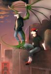  2021 4_toes 5_fingers anthro blue_eyes canid canine canis clothed clothing day detailed_background digital_media_(artwork) dragon duo feet fingers green_body green_scales hair hi_res horn male mammal outside ravoilie red_hair scales sky smile toes wolf 