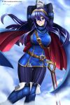 1girl absurdres alternate_breast_size arms_up blue_eyes blue_hair boots breasts cape falchion_(fire_emblem) fire_emblem fire_emblem_awakening headband highres knee_boots large_breasts long_hair looking_at_viewer lucina_(fire_emblem) smile tagme tiara vilde_loh_hocen 
