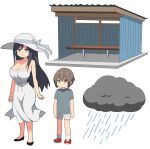  1boy 1girl 2ch bench black_eyes black_hair breasts brown_eyes brown_hair cleavage commentary_request dark_clouds dress hasshaku-sama hat highres kloah large_breasts long_hair rain raincloud sun_hat sundress white_dress 