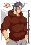  1boy bara blush broken_horn brown_hoodie bulge cowboy_shot dark_blue_hair demon_boy demon_horns erection erection_under_clothes facial_hair fang fiery_horns grey_pants highres hood hoodie horns jewelry kuro_(shiranui) large_pectorals long_sideburns looking_away male_focus motion_lines muscular muscular_male necklace pacifier pants short_hair sideburns sleeves_rolled_up solo stubble takemaru_(tokyo_houkago_summoners) thick_eyebrows tokyo_houkago_summoners 