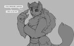  anthro canid canine canis clothed clothing female greyscale gwen_(sharkrags) hat headgear headwear looking_at_viewer mammal monochrome one_eye_closed solo speech_bubble watsup were werecanid werecanine werewolf wink wolf 