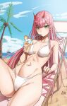  abs absurdres bangs beach bikini chair cowboy_shot crab cup darling_in_the_franxx drinking_glass drinking_straw eyebrows_visible_through_hair green_eyes highres horns kiritzugu long_hair looking_at_viewer lounge_chair ocean palm_tree pink_hair reclining stomach swimsuit toned tree white_bikini zero_two_(darling_in_the_franxx) 