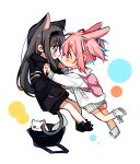  2girls akemi_homura animal_ears backpack bag black_footwear black_hair black_hairband black_hoodie bunny_ears bunny_tail cat_ears chibi commentary creature expressionless eye_contact eyebrows_visible_through_hair face-to-face feet_up from_side full_body hair_ribbon hairband highres holding_hands hood hood_down hoodie in_bag in_container interlocked_fingers kaname_madoka kemonomimi_mode kyubey legs_together light_blush long_hair looking_at_another mahou_shoujo_madoka_magica mamasna_(mattna_mmm) multiple_girls no_mouth pink_eyes pink_hair polka_dot polka_dot_background profile purple_eyes ribbon shiny shiny_hair shoes simple_background symbol_commentary tail tareme twintails white_background white_footwear white_hoodie white_ribbon 
