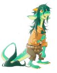  amber_blade_jones ambiguous_gender anthro belt claws clothed clothing dragon green_body green_hair green_scales hair hi_res horn long_neck rope rope_belt scales semi-anthro simple_background solo tail_tuft tuft turtleneck_sweater white_background yellow_eyes 