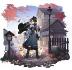  1girl animal autumn_leaves azur_lane baltimore_(ace&#039;s_travel_journal)_(azur_lane) baltimore_(azur_lane) black_flower black_gloves black_headwear blue_skirt boots braid brown_hair cross-laced_footwear dog feng_ze flower gloves hakama high-waist_skirt highres japanese_clothes knee_boots leaf long_skirt maple_leaf medium_hair meiji_schoolgirl_uniform official_alternate_costume official_art outdoors scarf shiba_inu skirt solo transparent_background welsh_corgi white_scarf yagasuri yellow_eyes 