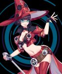  1girl bangs belt black_gloves breasts choker cleavage fingerless_gloves gloves guilty_gear guilty_gear_strive hat i-no jacket large_breasts lowres microphone midriff red_headwear red_jacket red_legwear sunglasses thighhighs venus_symbol witch_hat 