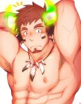  1boy abs animal_ears armpit_hair armpits arms_behind_head bara blush brown_eyes brown_hair completely_nude cow_boy cow_ears cow_horns facial_hair facial_mark feather_necklace fiery_horns forked_eyebrows glowing_horns goatee highres horns kuro_(shiranui) looking_at_viewer male_focus muscular muscular_male nipples nude pectorals short_hair solo spiked_hair thick_eyebrows tokyo_houkago_summoners upper_body wakan_tanka 