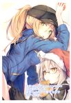  2girls absurdres ahoge artoria_pendragon_(all) bangs baseball_cap blonde_hair blue_jacket blue_scarf eyebrows_visible_through_hair fal_maro fate/grand_order fate_(series) food glasses green_eyes hair_between_eyes hair_through_headwear hat highres jacket long_hair looking_at_viewer mouth_hold multiple_girls mysterious_heroine_x_(alter)_(fate) mysterious_heroine_x_(fate) platinum_blonde_hair pocky ponytail santa_hat scarf sidelocks silver_hair simple_background taiyaki track_jacket wagashi white_background yellow_eyes 