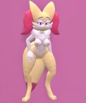  3d_(artwork) anthro bent_over braixen breasts canid canine chest_fur digital_media_(artwork) digitigrade female genitals hand_on_leg hand_on_thigh hi_res inner_ear_fluff mammal nintendo paws pinup pok&eacute;mon pok&eacute;mon_(species) pose pussy simple_background smug sneakyphox solo source_filmmaker tuft video_games 