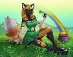  2021 4_toes 5_fingers african_wild_dog anthro breasts canid canine clothed clothing day detailed_background digital_media_(artwork) eyebrows eyelashes feet female fingers grass green_eyes ketty mammal outside plant sky smile solo toes 