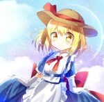  1girl apron blonde_hair blue_dress blush bow brown_headwear closed_mouth dress elbow_gloves eyebrows_visible_through_hair gloves hat hat_bow highres kana_anaberal ougi_maimai red_bow red_neckwear red_ribbon ribbon short_hair sky smile touhou touhou_(pc-98) yellow_eyes 
