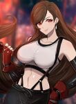  1girl bare_shoulders black_gloves breasts brown_hair city cityscape elbow_gloves eyebrows eyebrows_visible_through_hair final_fantasy final_fantasy_vii final_fantasy_vii_remake fingerless_gloves gloves highres large_breasts lips long_hair low_ponytail omiza_somi ponytail red_eyes red_gloves signature skirt suspender_skirt suspenders tank_top tifa_lockhart undershirt white_tank_top 