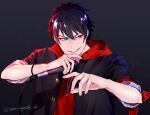  1boy black_background black_hair bracelet green_eyes heterochromia hood hoodie hypnosis_mic jewelry long_sleeves looking_to_the_side male_focus microphone mole mole_under_eye red_eyes school_uniform short_hair signature simple_background smile smirk solo take_bayashi_3d upper_body yamada_ichirou_(hypnosis_mic) younger 