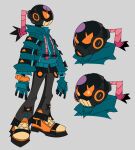  1boy android aqua_gloves aqua_hoodie bomb character_sheet fingerless_gloves friday_night_funkin&#039; gloves grey_pants headphones highres hood hoodie male_focus n0kiyu orange_eyes orange_footwear pants reference_sheet shoes sneakers teeth whitty_bomb_guy 