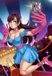  1girl absurdres accelart artist_name bare_shoulders blue_dress breasts brown_eyes brown_hair covered_nipples d.va_(overwatch) dress facial_mark foot_out_of_frame gloves highres leg_up long_hair medium_breasts night off_shoulder one_eye_closed outdoors overwatch pink_footwear pink_gloves selfie solo 