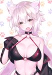  1girl absurdres ahoge angry animal_ear_fluff animal_ears bare_shoulders bikini black_bikini black_jacket blush breasts cat_ears cat_tail cleavage fate/grand_order fate_(series) highres jacket jeanne_d&#039;arc_(alter_swimsuit_berserker)_(fate) jeanne_d&#039;arc_(fate)_(all) large_breasts long_hair looking_at_viewer navel o-ring off_shoulder open_mouth simple_background solo suzuho_hotaru swimsuit tail twintails very_long_hair yellow_eyes 