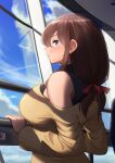  1girl bangs bare_shoulders black_shirt blue_eyes blue_sky blush breasts brown_hair cloud from_side hair_ribbon large_breasts long_hair looking_to_the_side maku_ro off_shoulder original railing ribbon shirt sky sleeveless sleeveless_shirt sweater window yellow_sweater 