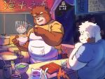 2021 6heiang27 anthro apron bottomwear brown_body brown_fur canid canine canis clothing cooking detailed_background domestic_dog duo fur hi_res humanoid_hands kemono male mammal night outside overweight overweight_male pants shirt topwear ursid white_body white_fur 