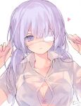  1girl bandages bangs blunt_bangs blush bow bow_bra bra breasts cleavage closed_mouth collarbone collared_shirt eyepatch hands_up heart highres holding holding_hair large_breasts long_hair looking_at_viewer low_twintails medical_eyepatch open_clothes open_shirt original purple_bra purple_eyes purple_hair shirt short_sleeves signature solo twintails twitter_username underwear upper_body white_background white_shirt yukari_(rihenara_doll) 