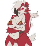  2021 anthro big_breasts bikini breasts chest_tuft clothed clothing dirtsev eyelashes female fluffy folded_ears fur glowing glowing_eyes hair hair_over_eye hi_res lycanroc mature_female multicolored_body multicolored_fur multicolored_hair nails nintendo one_eye_obstructed pok&eacute;mon pok&eacute;mon_(species) ringed_eyes sharp_nails simple_background skimpy solo strayserval swimwear tuft video_games white_background 