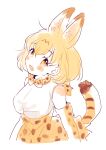  1girl animal_ear_fluff animal_ears bare_shoulders blonde_hair blush bow bowtie elbow_gloves extra_ears eyebrows_visible_through_hair gloves hanako151 head_tilt high-waist_skirt kemono_friends looking_at_viewer open_mouth partially_colored serval_(kemono_friends) serval_ears serval_print serval_tail shirt short_hair skirt sleeveless sleeveless_shirt smile solo striped_tail tail upper_body white_background white_shirt yellow_eyes 