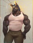  absurd_res anthro anubian_jackal anubis biceps bottomwear canid canine canis clothing deity ear_piercing ear_ring egyptian_mythology hi_res jackal male mammal middle_eastern_mythology muscular mythology nipples pants piercing shirt solo tank_top topwear vorusuarts 