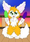  absurd_res amber_fur anthro canid canine coelhoposa_(artist) digital_drawing_(artwork) digital_media_(artwork) digital_painting_(artwork) fennec fluffy fluffy_tail food fox fur green_eyes hi_res hybrid kemono lagomorph leporid male mammal neck_tuft popsicle rabbit romeo_(coelhoposa) short_legs solo tongue tongue_out tuft white_body white_fur wide_hips 