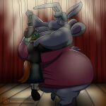  anthro big_breasts breasts common_hippopotamus conditional_dnp digitaldomain123 duo equid equine female green_body grey_body hi_res hippopotamid hoppopotamus_(the_wuzzles) huge_breasts hybrid kilt lagomorph larger_female leporid mammal rabbit size_difference thick_thighs thistle_thorn 
