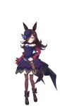  1girl animal_ears bare_shoulders black_hair dagger feather-trimmed_sleeves flower fur_collar hair_over_one_eye hat hat_flower highres horse_ears horse_girl horse_tail long_hair official_art purple_eyes rice_shower solo tail thighhighs umamusume weapon 