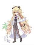 1girl :o animal_ears bandaid bandaid_on_knee bangs black_footwear black_hairband black_legwear black_skirt blonde_hair blush cat_ears cat_tail collared_shirt doctor eyebrows_visible_through_hair fake_animal_ears flower_knight_girl full_body hair_between_eyes hair_ornament hairband high-waist_skirt high_heels holding kuko_(flower_knight_girl) labcoat long_hair long_sleeves looking_at_viewer open_clothes open_mouth pantyhose paper plant pleated_skirt potted_plant purple_neckwear red_eyes shiodome_oji shirt shoes simple_background sketch skirt sleeves_past_wrists solo standing stethoscope tail very_long_hair white_background white_shirt wide_sleeves x_hair_ornament 