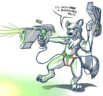  action_pose anthro attack bodily_fluids cocky diaper energy_weapon genital_fluids guardians_of_the_galaxy gun infantilism male mammal marvel pose procyonid raccoon racketraccoon ranged_weapon rocket_raccoon shooting solo trigger_discipline urine weapon wet_diaper wetting 